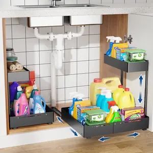 Insputer 2 Tier Metal Under Sink Organizer Under Cabinet Storage Expandable Width 9.8"-15" & Height Adjustable Thickened Pull Out Shelf for Bathroom Kitchen Laundry Pantry