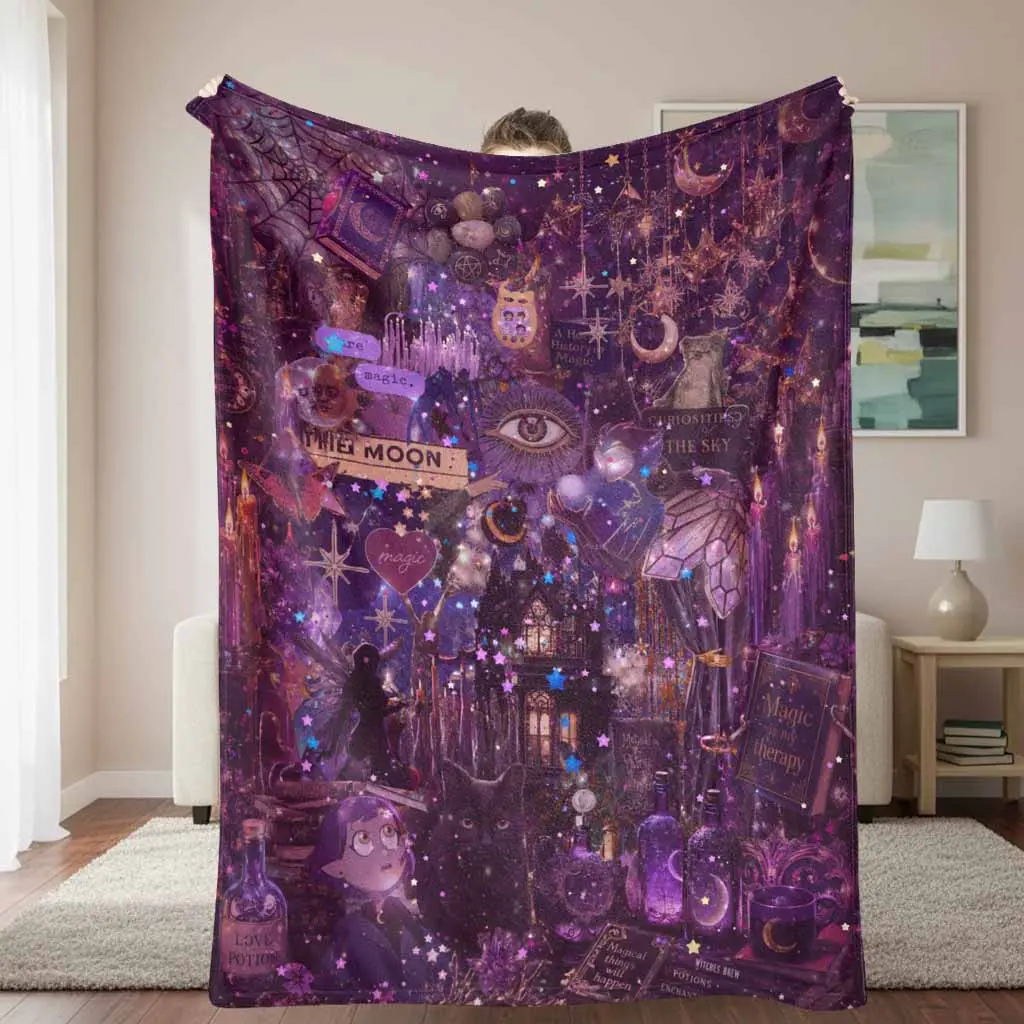 Mystic Witch Flannel Blanket Celestial Moon Cat Potion Book Print Soft Cozy Lightweight Warm Throw for Sofa Bedroom Reading Nook Halloween Party Gift