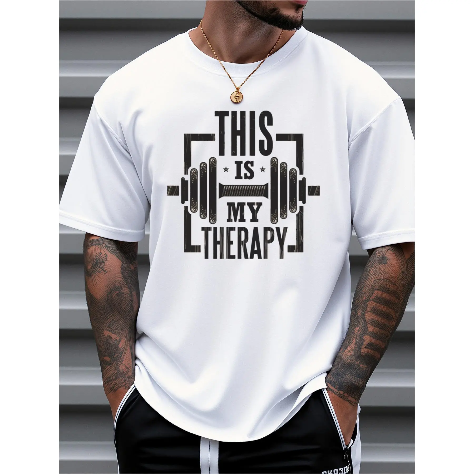 Men's Gym Shirt - Loose Fit Breathable Cotton Short Sleeve with "This Is My Relax" Barbell Graphic Print, All-Season Workout & Casual Outdoor Wear, Machine Washable Fitness Clothing for Men, Gym Clothes