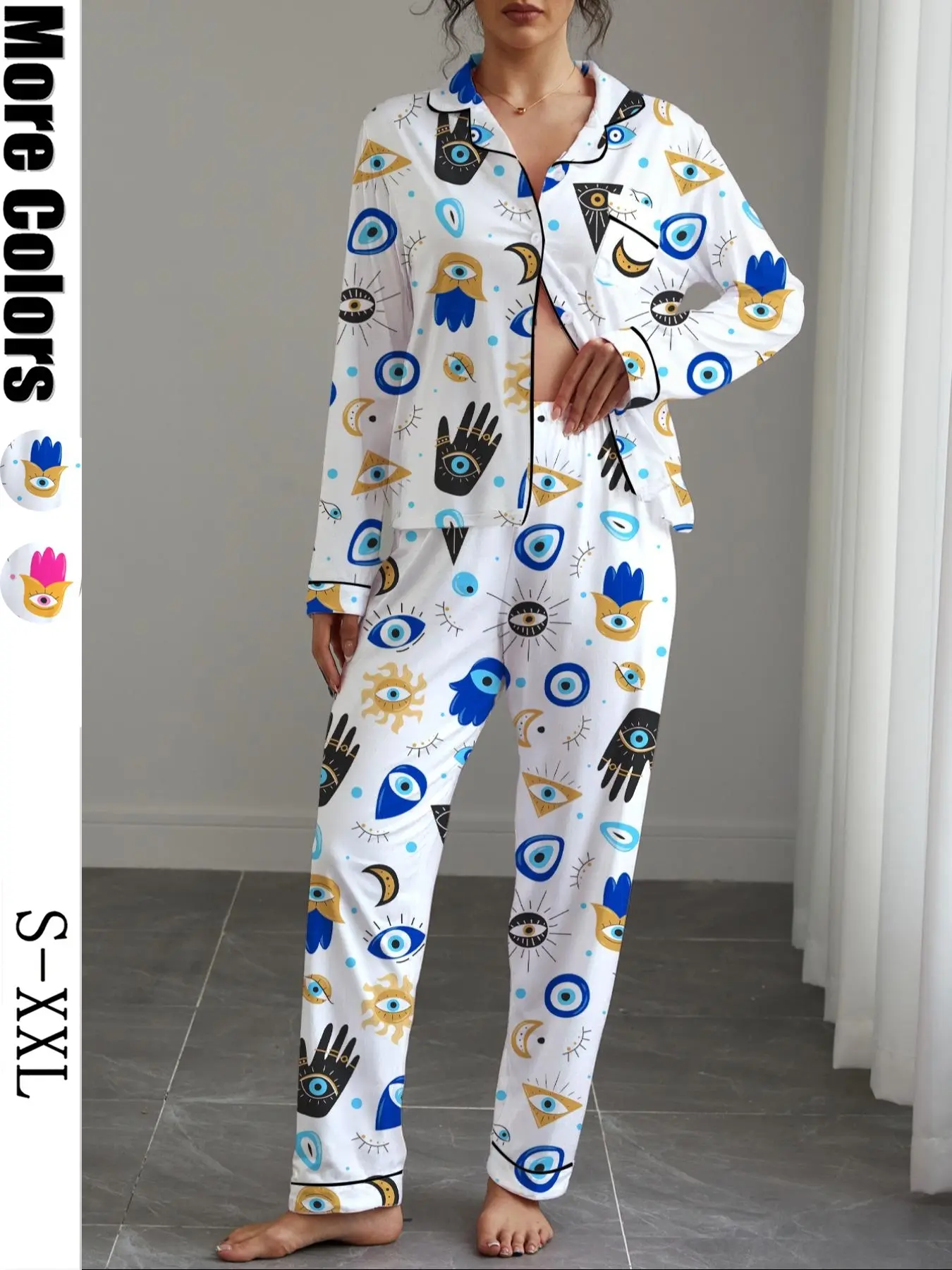Women's Fall Winter Pajama Set Loungewear Outfit, Eye Pattern Printed Shirt Collar Button Long Sleeve Top & Elastic Pants, Soft Stretchy Fabric