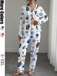 Women's Fall Winter Pajama Set Loungewear, Eye Pattern Printed Shirt Collar Button Long Sleeve Top & Elastic Pants, Soft Stretchy Fabric