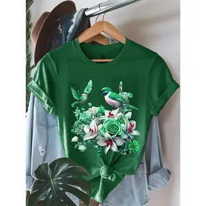 100% Cotton Women's Green Floral and Bird Print T-Shirt Short Sleeve Round Neck Top, White Orchid Design, Loose Casual Shirt, Machine Washable Spring Summer Shirt Basic Fabric