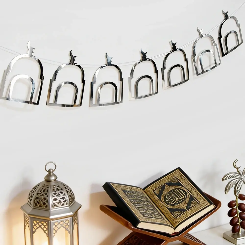 Silver banner with mosque silhouette, Islamic decorations for Iftar, Ramadan supplies, home wall decoration, Eid Mubarak Muslim holiday gift, Religious home decor