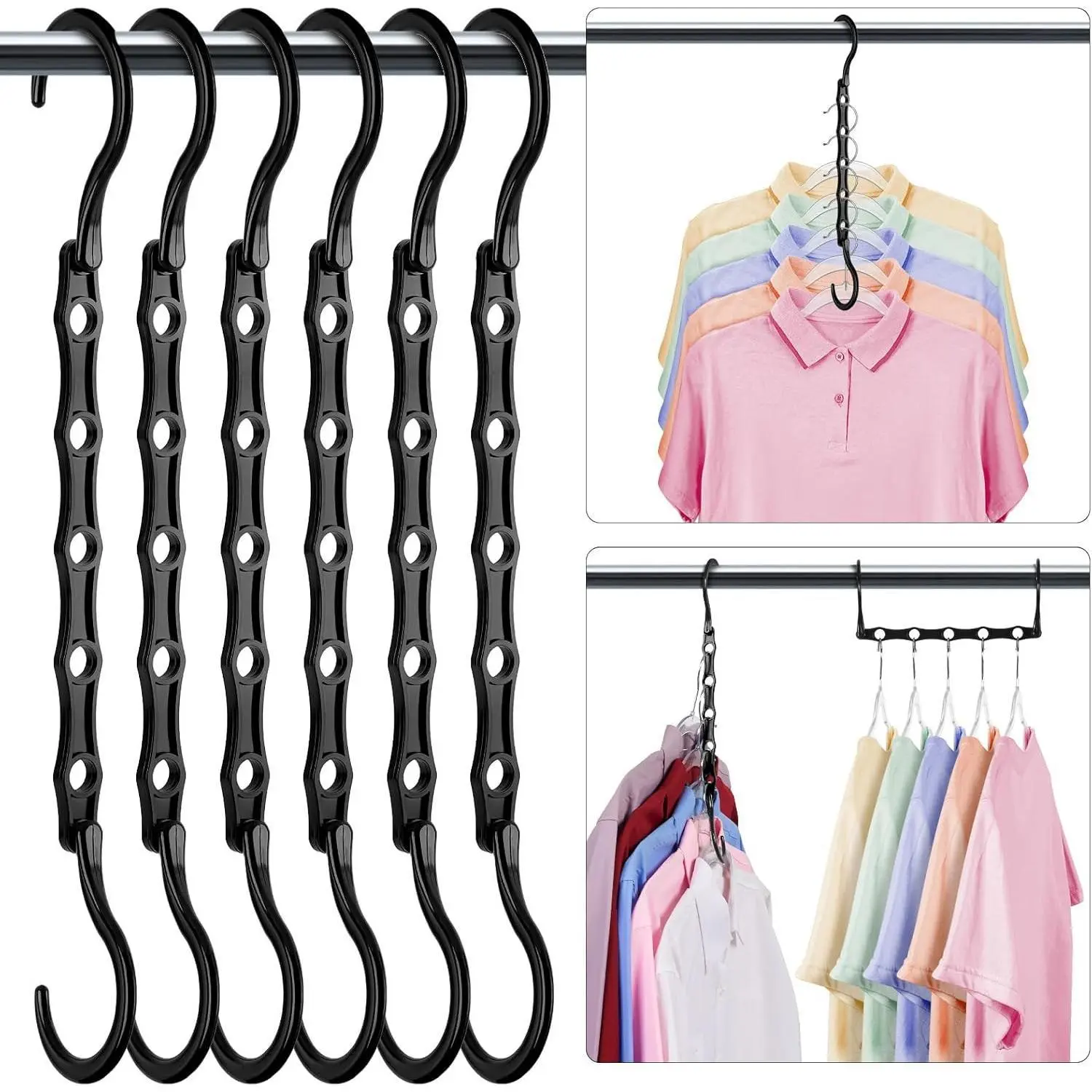 Closet Organizers and Storage 6 Pack, College Dorm Room Essentials, Multifunctional Organizer Magic Space Saving Hangers with 5 Holes, Storage Organization for Wardrobe Closet - Black