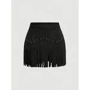 Women's retro hippie fringed synthetic leather A-line skirt, retro style, casual wear, suitable for all seasonsRAIMENTRY