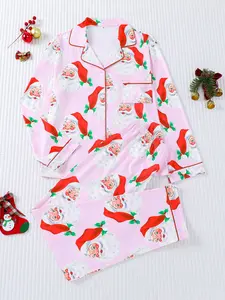 2-piece cartoon retro Christmas hat, Santa Claus long sleeved pants, soft and comfortable top, small pocket, elastic waistband, suitable for all seasons home and casual wear