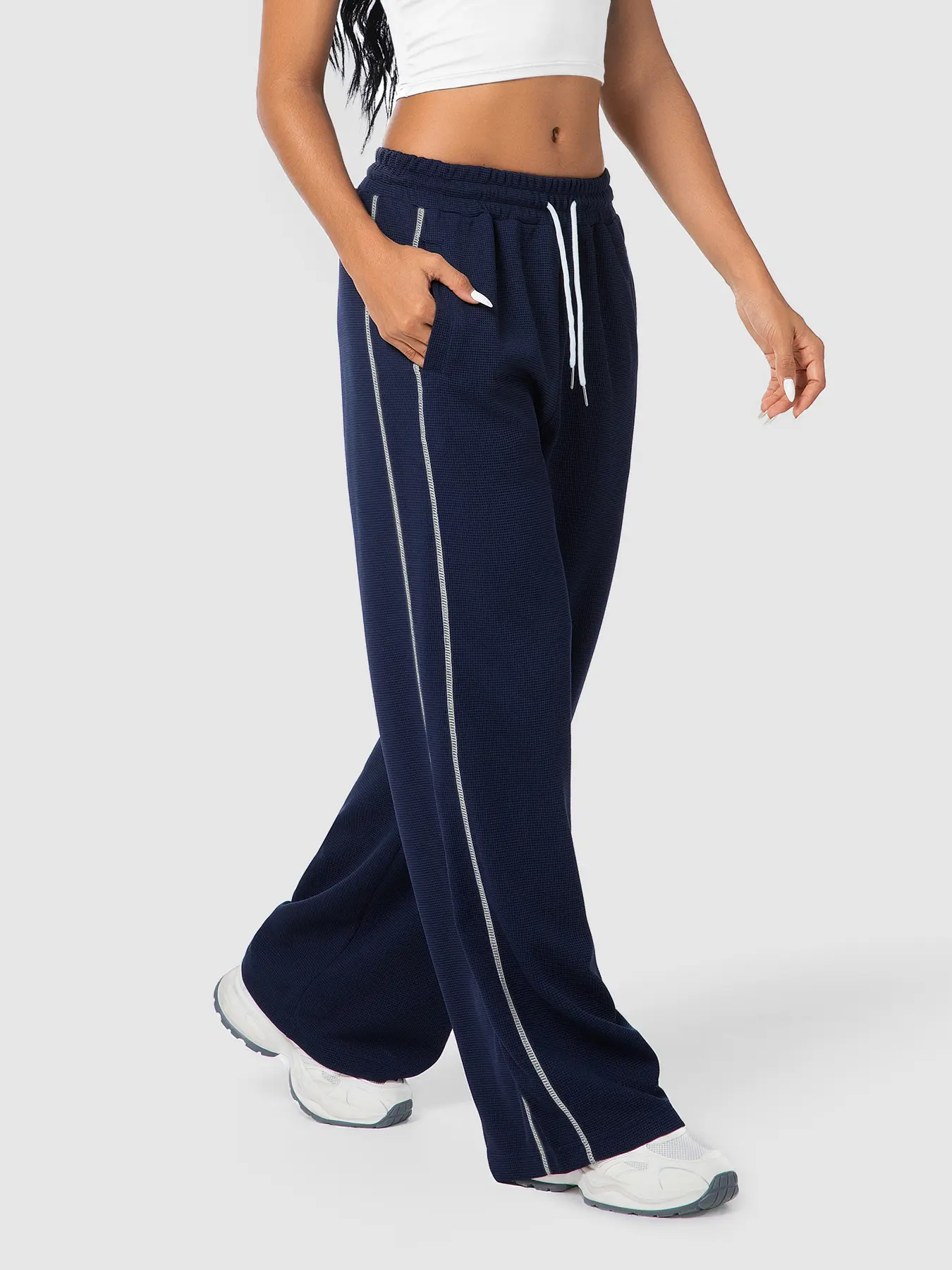 Women's Waffle Knit Drawstring Adjustable High Waist Pants, Trouser, Casual Chic Trousers, Casual Street Trousers, Colorblock Design, Loose Fit, Pocket Detail, Casual & Commuter Wear, Fall/winter Fashion, Womenswear
