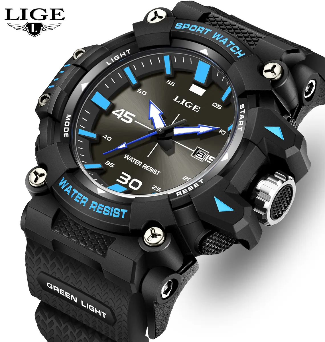 LIGE Fashion Men's Male Watch - Rounded Face, Silicone Strap, Trendy Unique Design, Multifunctional, 30M Waterproof Luminescent Display Sports Digital Watch
