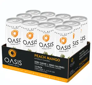 OASIS Peach Mango Energy Drink – Zero Sugar, Zero Calories, 12-Pack – Natural Caffeine from Guayusa – Refreshing Tropical Flavor