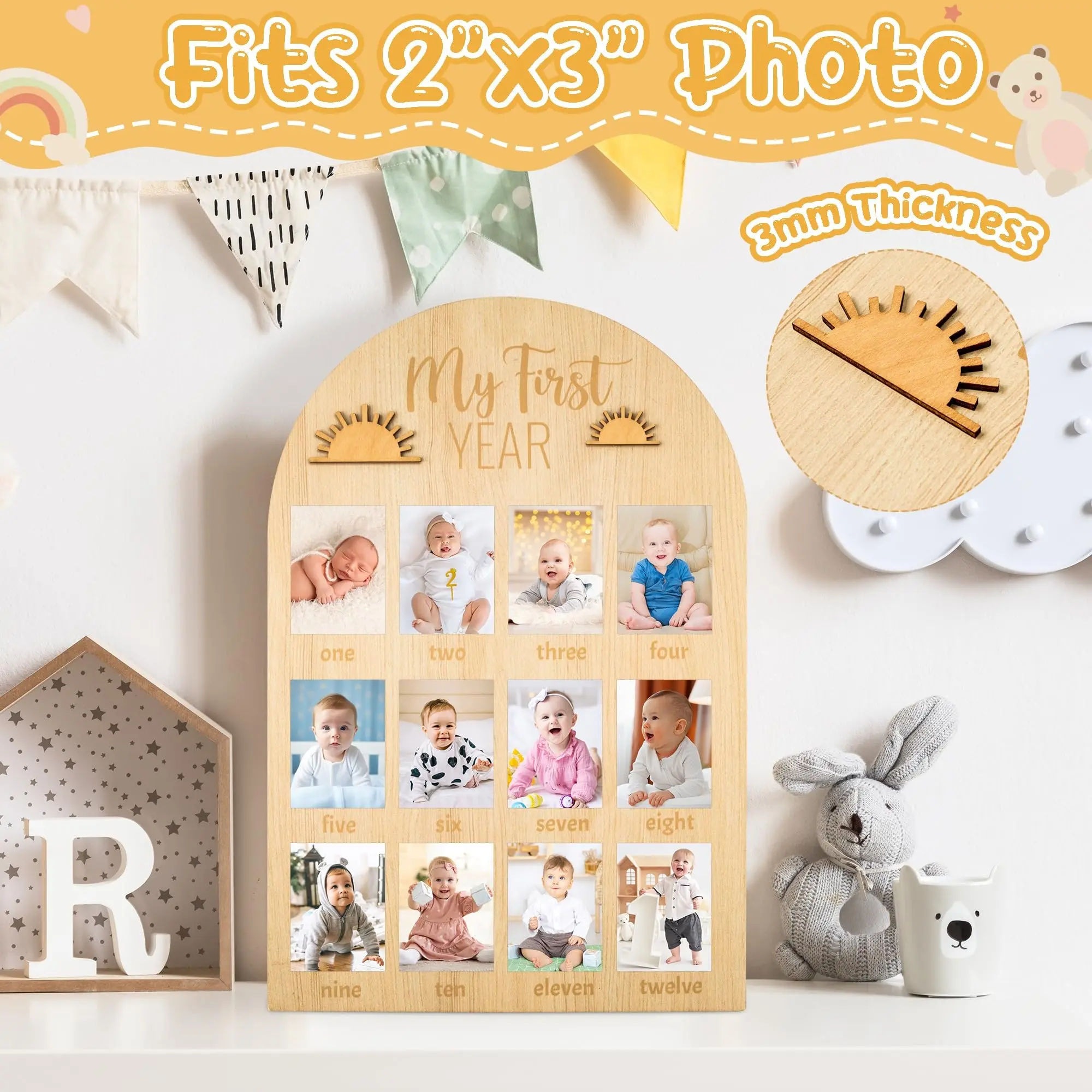 Baby First Year Photo Display Board, Wooden Frame for Growth Record 1-12 Months, Milestone Keepsake, Yang Wood Material