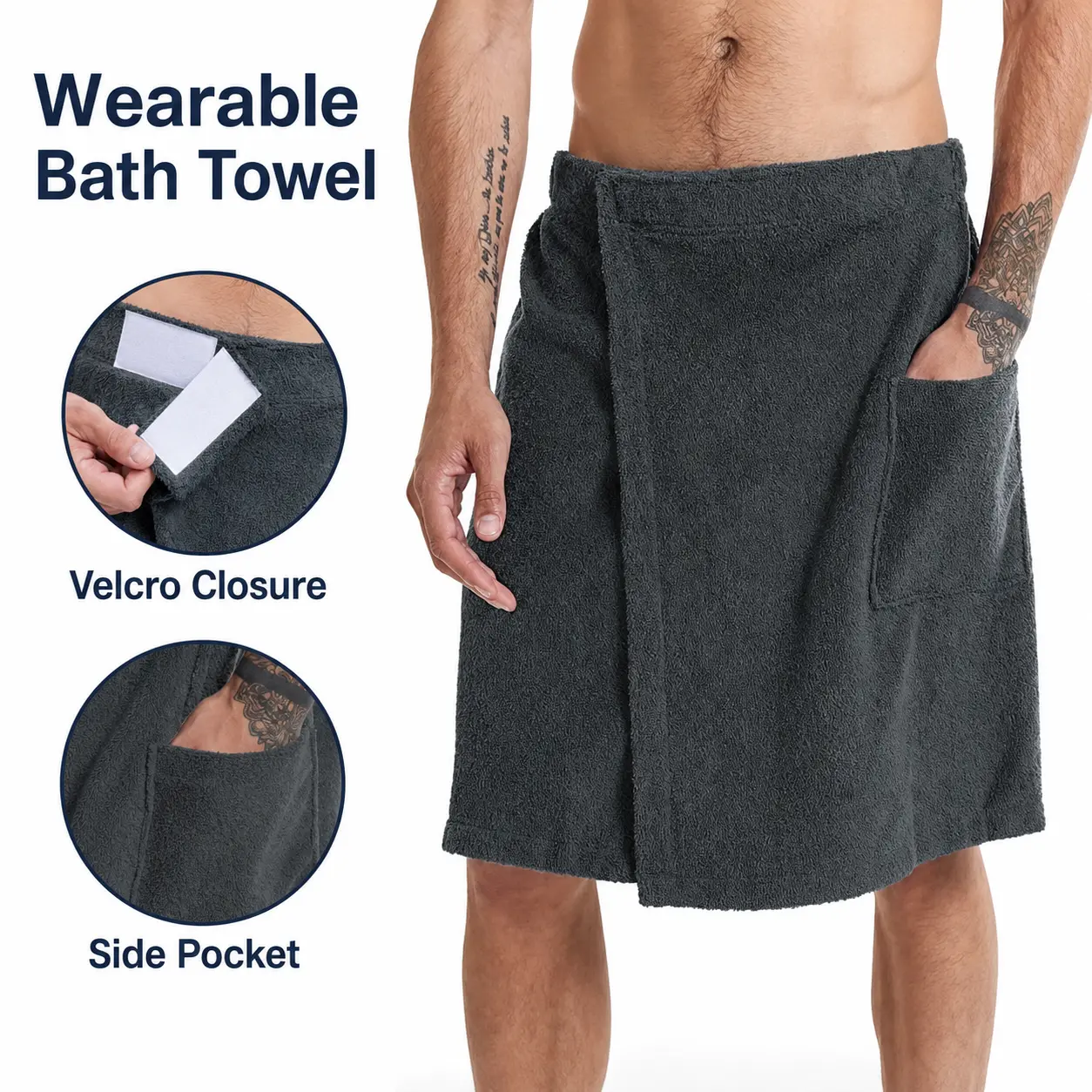 Men’s Wearable Bath Towel Wrap with Pocket, Adjustable Velcro Terry Shower Towel for Spa, Sauna, Gym, Pool & Beach