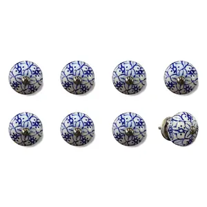 HomeRoots 544432 Blue & White Ceramic & Metal Drawer Pull Knobs - Set of 8