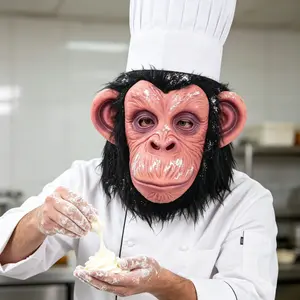 Realistic Chimpanzee Latex Mask, Funny Monkey Headpiece with Black Hair for Halloween Cosplay TikTok Prank