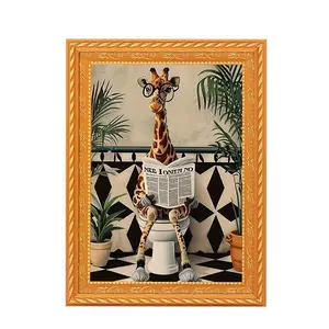 1pc Giraffe Fun Refrigerator Stickers Art Deco, Rustic, Americana, Decorative Style, Decoration Items - Giraffe Reading Newspaper in Bathroom , Poster, Indoor Outdoor, Home Office, Bathroom, Living Room, Bedroom, Kid Room, Spring, Winter, Painted