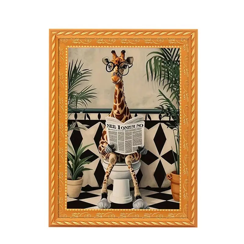 1pc Giraffe Refrigerator Stickers Art Deco, Rustic, Americana, Wall Decor, Decoration Items - Giraffe Reading Newspaper in Bathroom, Poster, Indoor Outdoor, Home Office, Living Room, Bedroom, Kid Room, Painted