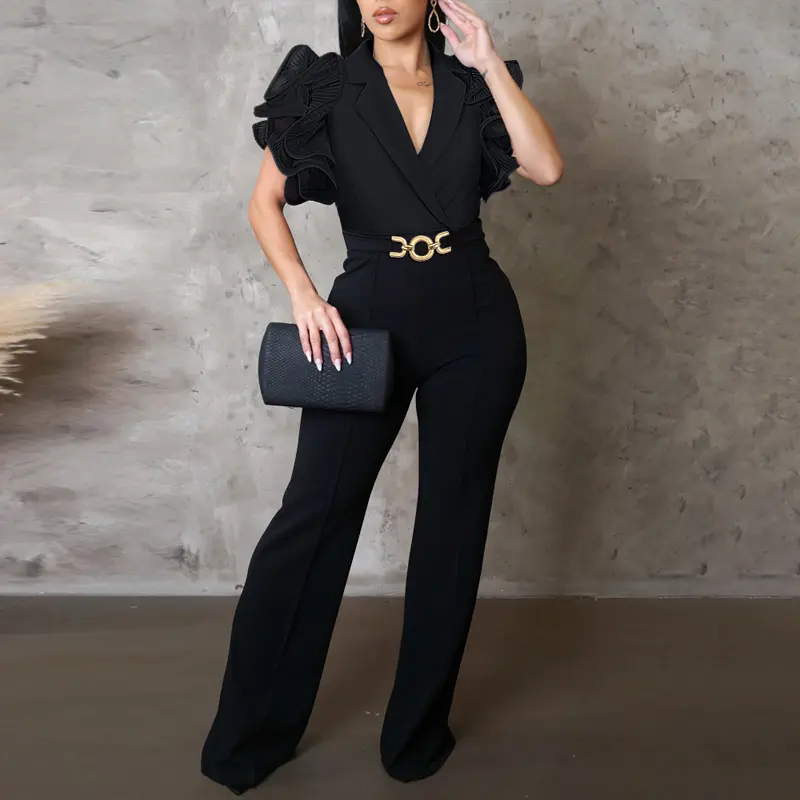 CHICME Women's Plain Deep V Neck Short Flutter Sleeve Jumpsuits Metal O-Ring Decor Wedding Guest Casual Flared Wedding Overalls CHICME Women's Plain Deep V Neck Short Flutter Sleeve Jumpsuits Metal O-Ring Decor Wedding Guest Casual Flared Wedding Overalls
