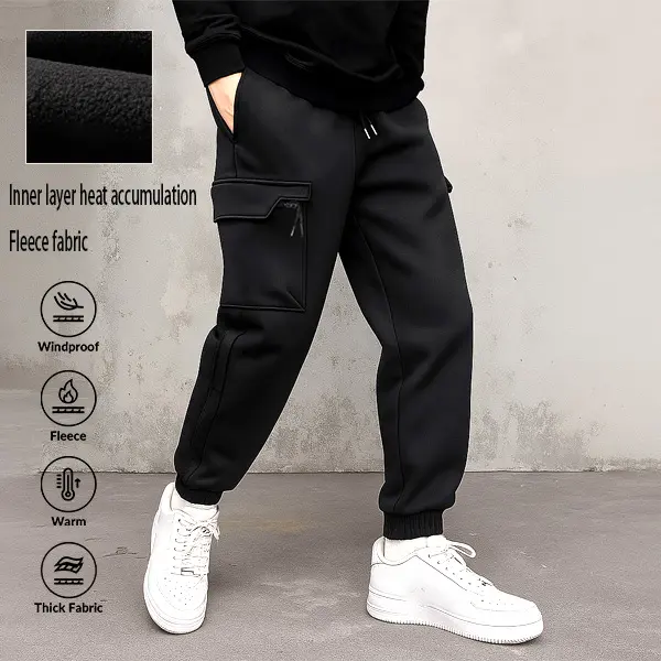 Men's Windproof Thick Fleece-Lined Plain Harem Jogger Pants - Woven Fabric, Fitted Cut, Multiple Pockets, for Autumn Winter Casual Workwear Menswear Layer Trouser Motocross Sweat Beige