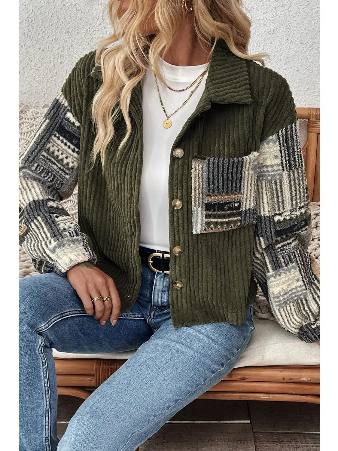 Casual Plaid Patchwork Jacket for Women, A Button-Up Collared Coat in Green Moss Ribbed Polyester Fleece, Casual Wear, Simple Style, Comfortable And Stylish Fit, Fashion, Jeansready Layer, Simple Style Casual