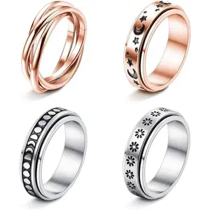 MILACOLATO 4-6Pcs Stainless Steel Spinner Ring for Women Mens Fidget Band Rings Moon Star Celtic Stress Relieving Wide Wedding Promise Rings Set Daily(Sheet)