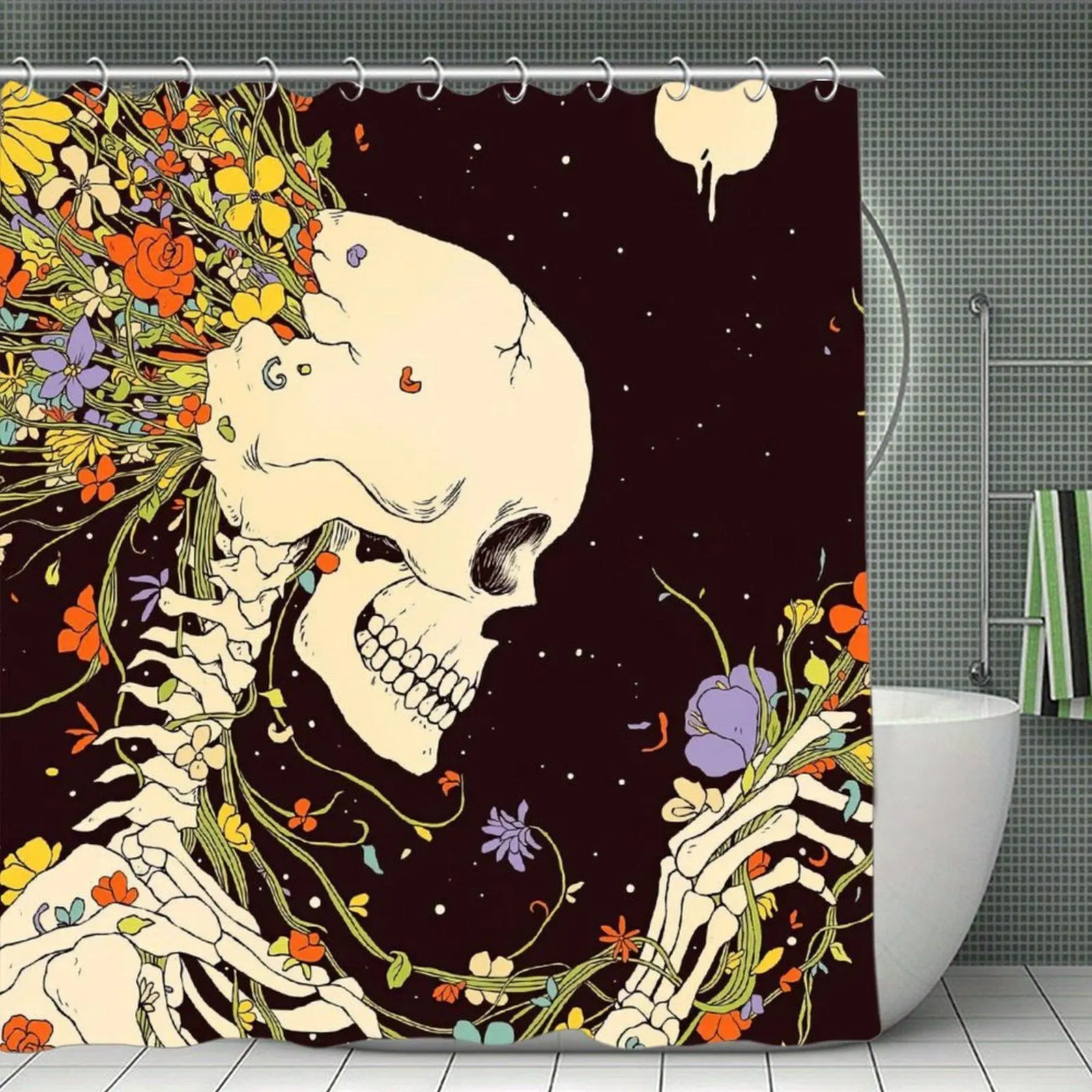 Floral Skeleton Shower Curtain - Gothic Skull, Colorful Wildflowers Design, Dark Botanical Bathroom Decor for Home Bathroom Supplies, Shower Curtains