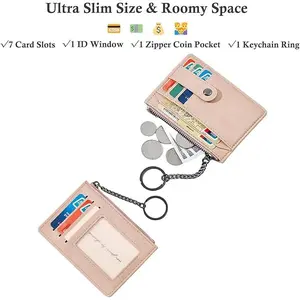RFID Blocking Leather Card organizer Multi-Compartment Small Wallets Keychain Keyring Wallet with ID Window & Zipper Coin Purse key case for Women