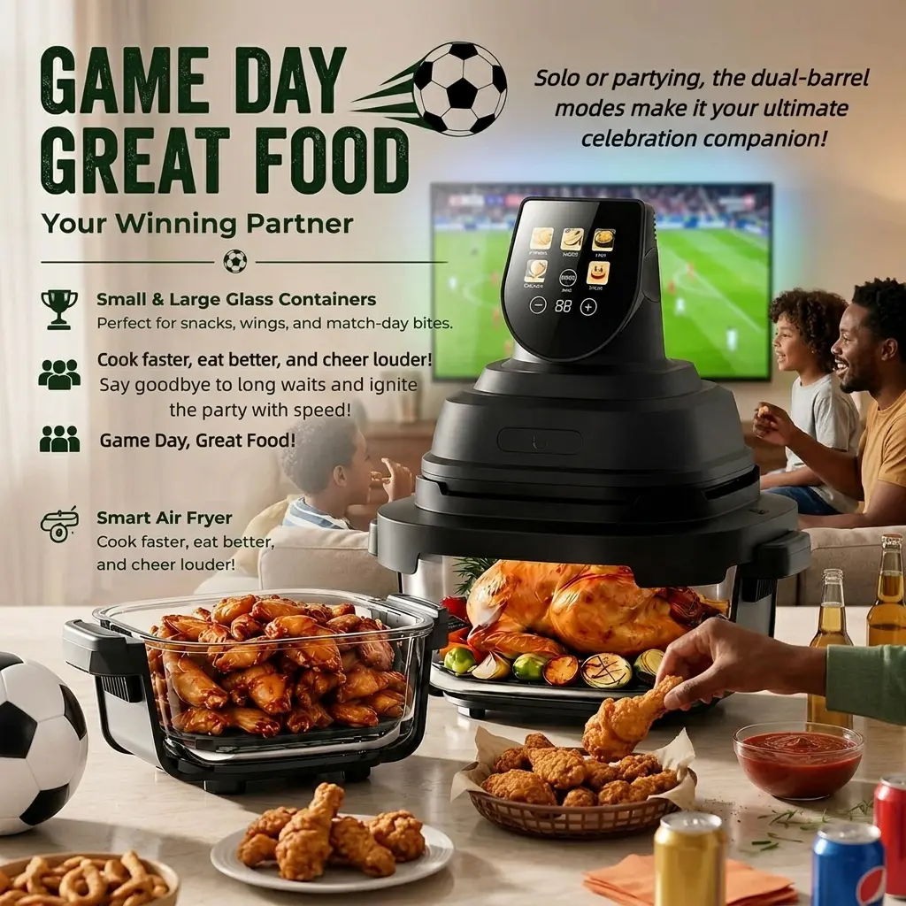 Multi-Functional Glass Air Fryer - 4QT & 6-Cup Pot/Baskets, 1500W Fast Healthy Cooker for Game Day Watch Parties, 100% Visual Cooking, Dishwasher Safe for Easy Cleanup (Camp Kitchen Essential), Watch Party