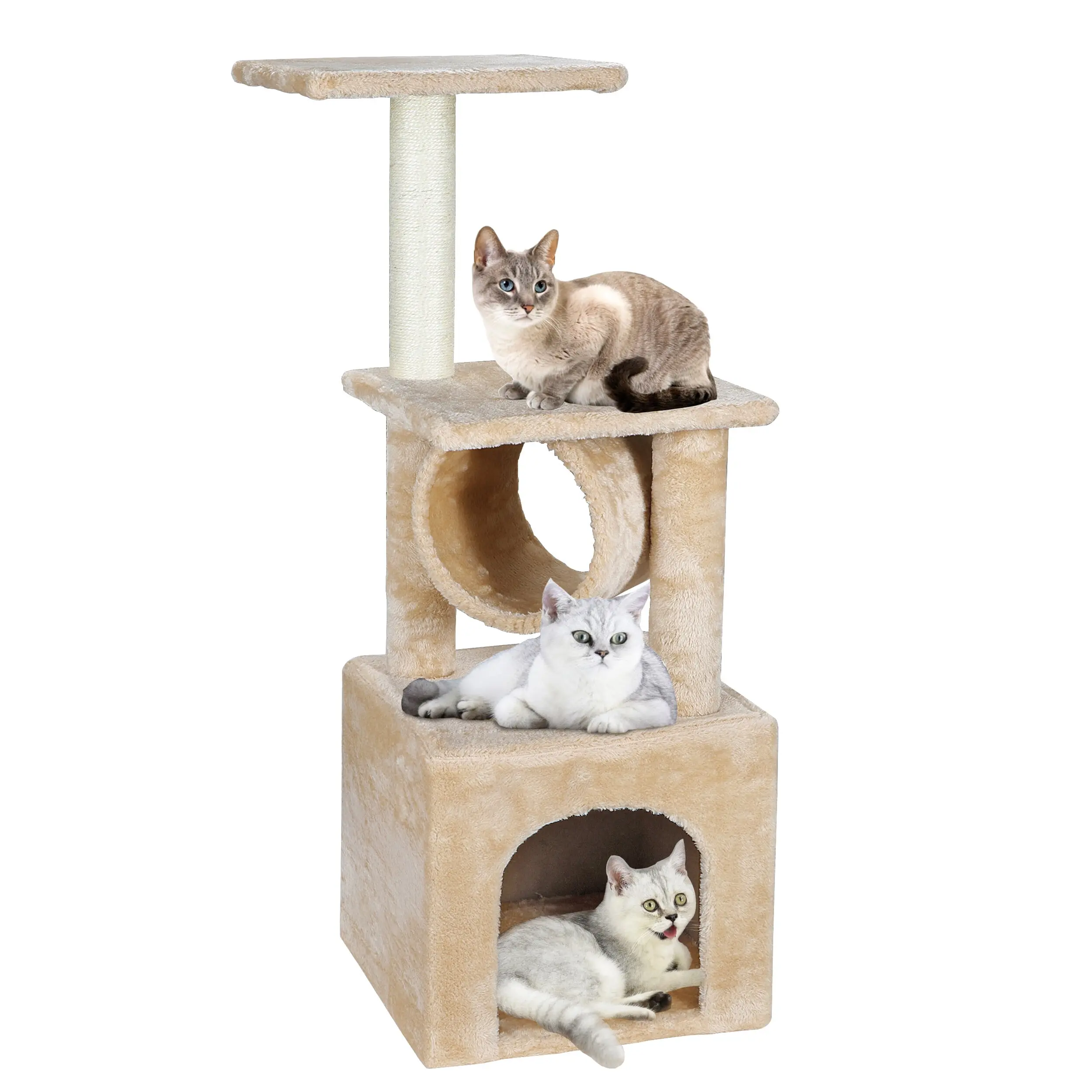Segawe 37in Indoor Beige Single Unit Cat Tree - Enclosed Condo, Plush Fabric Safe Retreat, Sisal Scratch Post, Vertical Play Tower for Kittens & Kitty Pet Furniture