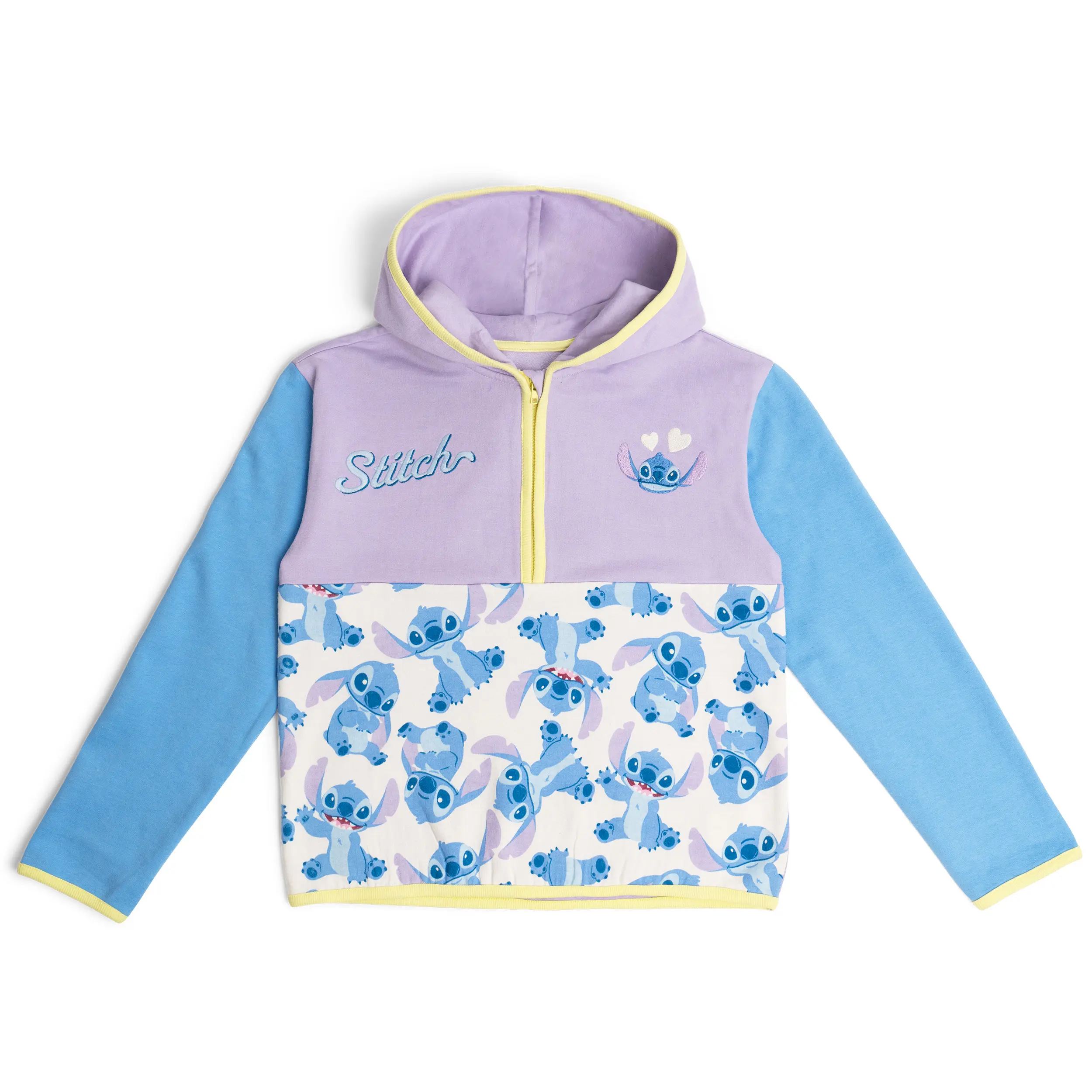 Disney Lilo & Stitch Girls' Colorblock Fleece Hooded Sweatshirt, Embroidered Quarter-Zip Long Sleeve Pullover for Toddler to Big Kid, 4T, 240 Gsm Cotton-Polyester Fleece Blend, All Over Print