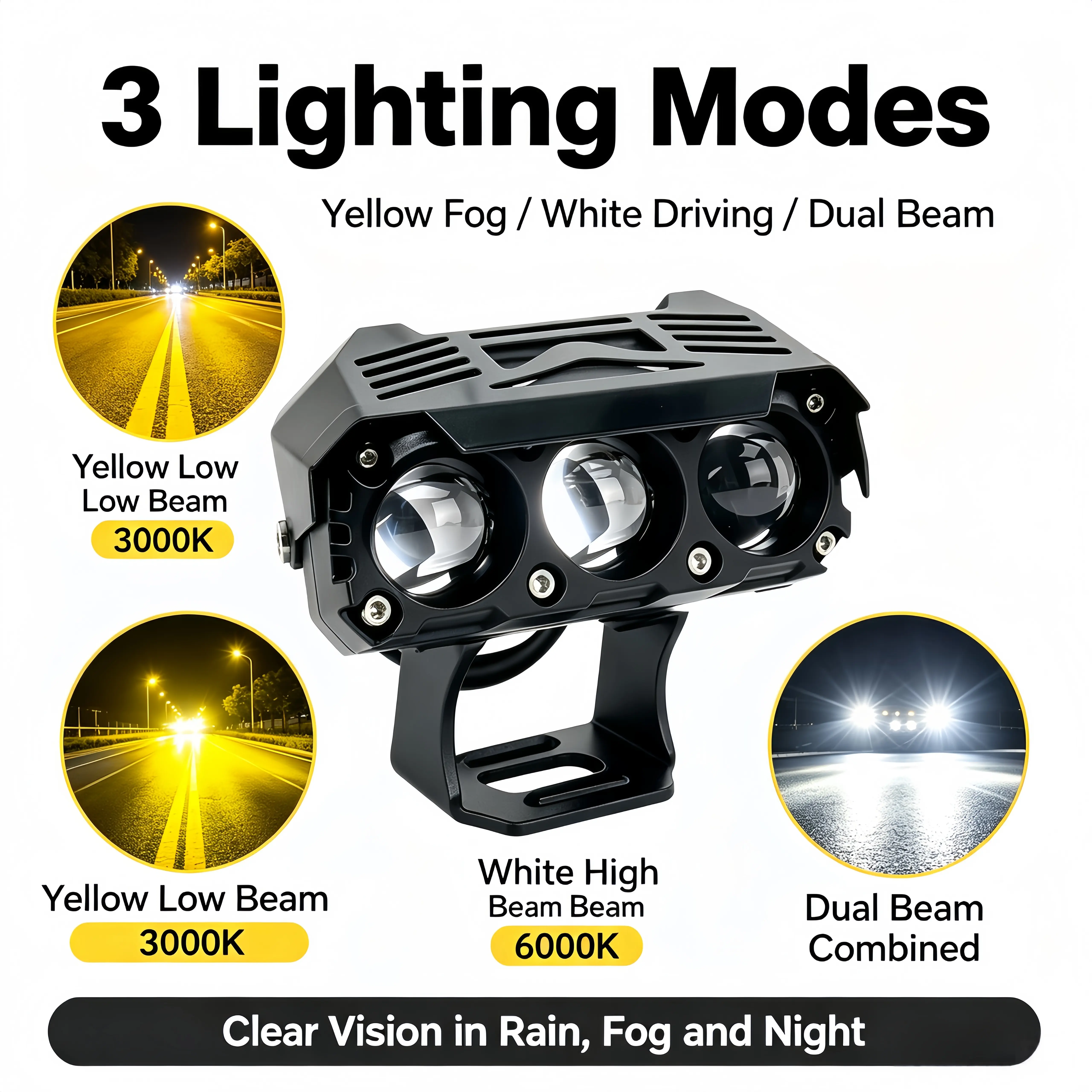 Super Bright 3-Lens LED Pod Lights, White & Yellow Dual-Beam, IP67 Waterproof 12-80V Spot Lights with Aluminum Heat-Dissipating Shell, for Off-Road Motorcycle ATV Truck Auxiliary Use