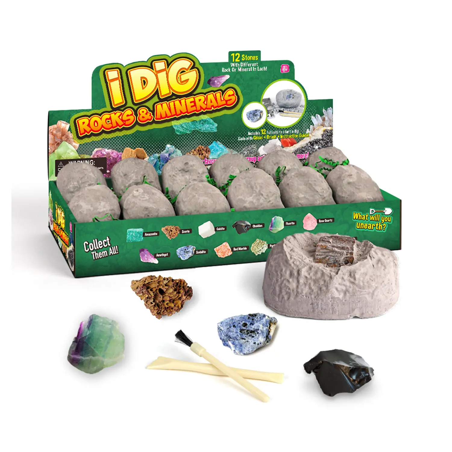 Gemstone Dig Kit - 12 Real Rocks & Minerals Excavation Kit for Kids, STEM Educational Toys with Amethyst, Obsidian, Amazonite, Party Favors Gift, Ages 6-12