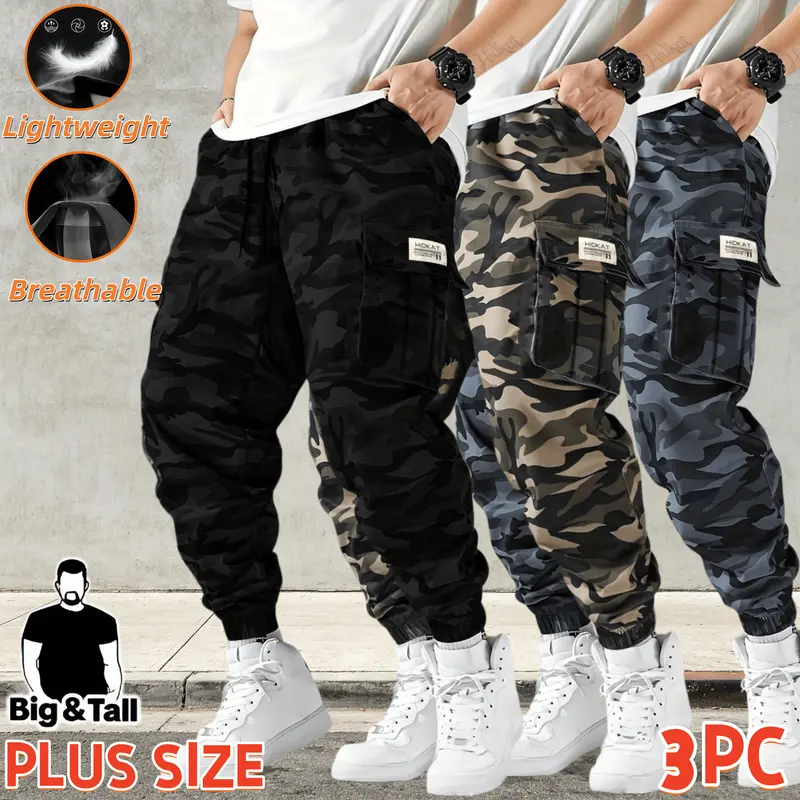 Men's Plus Size (1XL,2XL,3XL,4XL) High-Waisted Elastic Drawstring Tactical Track Pants - Lightweight, Breathable, Multi-Pocket, Relaxed Fit Streetwear Gym Wear for Tall Men's Daily Outdoor Exercise