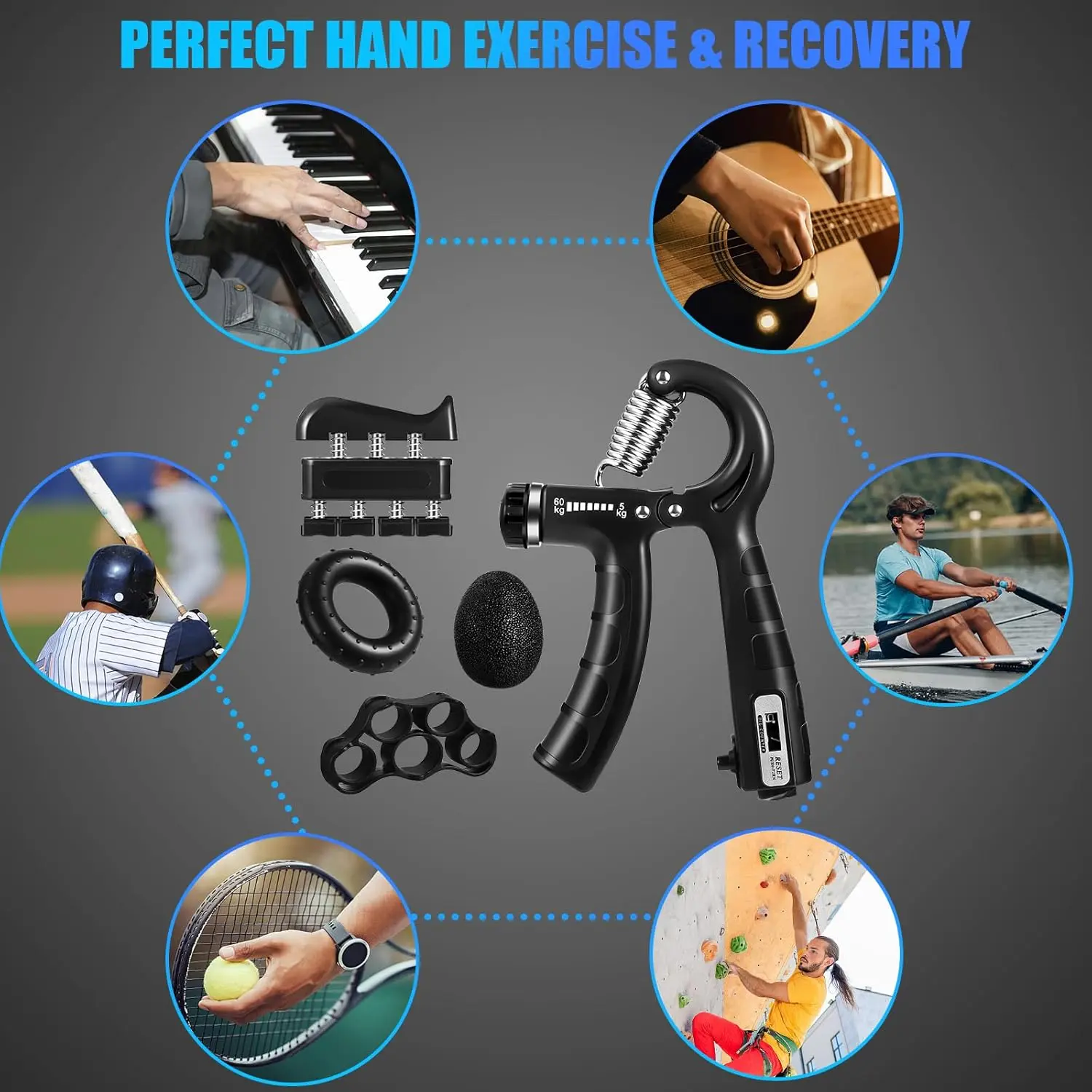 Adjustable 5-in-1 Hand Grip Set, Forearm & Finger Exerciser with
