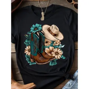 Women's Cotton Fitted Short-Sleeve Crew Neck T-Shirt - Cowboy Boot & Hat Graphic Print, Spring/Summer Casual Wear, Bootcut Jeans Top, Black Streetwear Tee