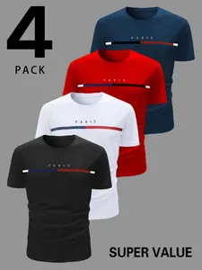 Men's Paris Print T-Shirt Set, Short Sleeve Round Neck, Fashion Striped Design, Soft Breathable Quick-Dry Fabric, Sports Sweat Absorption