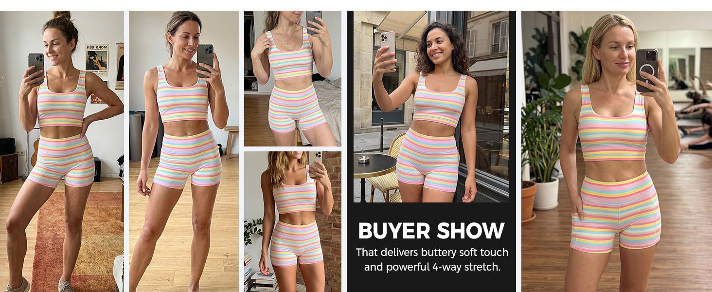 FISOEW Women’s Rainbow Stripe 2 Piece Workout Set Sleeveless Crop Tank Top High Waist Biker Shorts Matching Lounge Outfit