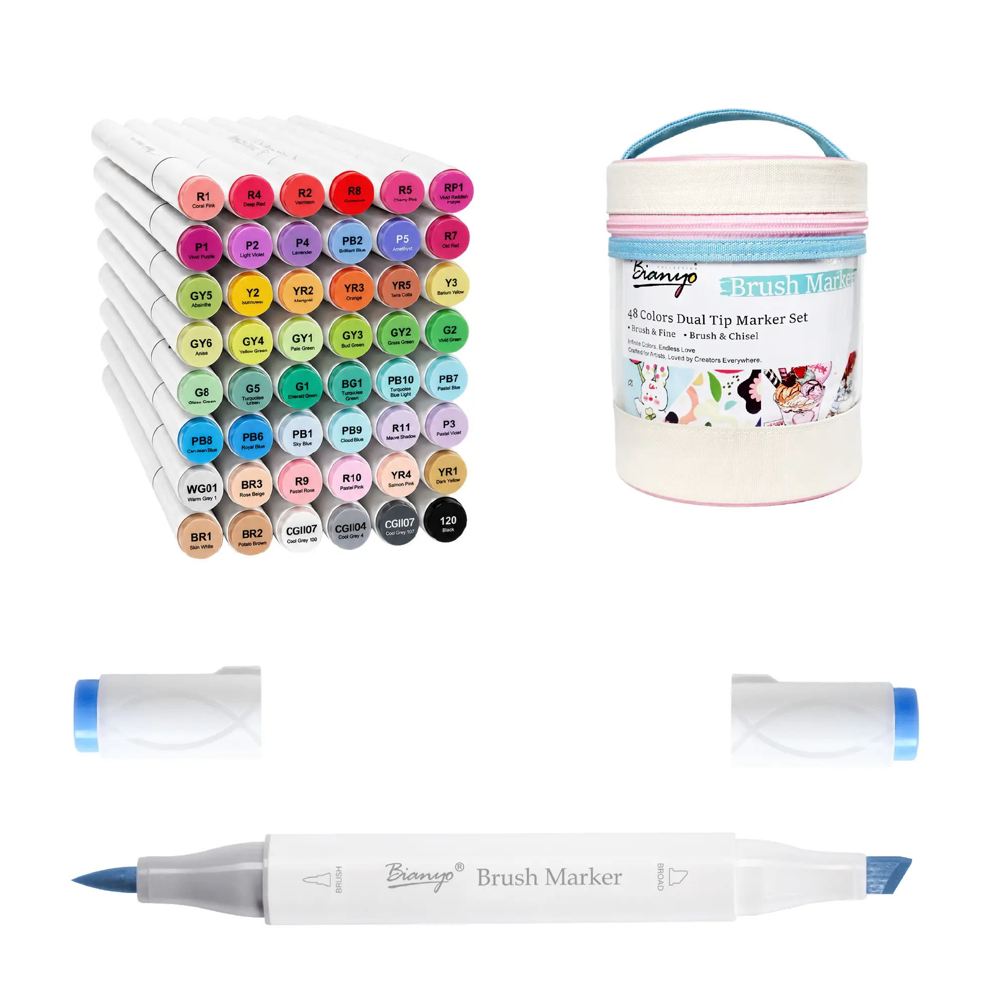 Bianyo 48-Color Dual-Tip Alcohol Markers Set - Brush & Chisel Tips, Portable Cylinder Bag, for Adult Coloring, DIY Crafts, Illustration, Blending & Creative Art