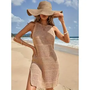 Summer Beach Cover-Up | Semi-sheer beige summer essential, women’s sleeveless crochet beach cover-up dress — casual, stretchy polyester blend, round neck, X-shaped silhouette, summer apparel