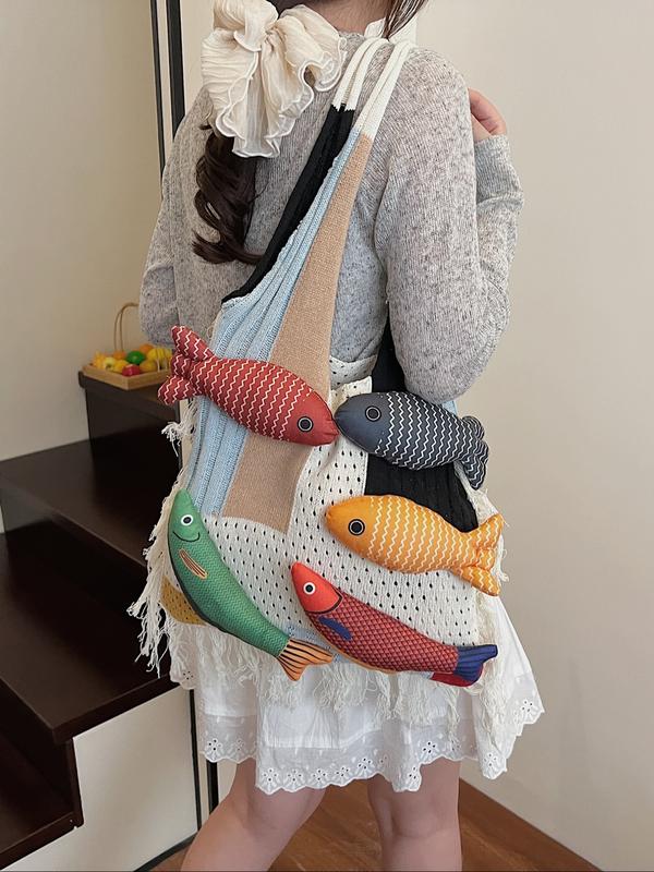 Stylish Rainbow Color Women's Knitted Bag with Colorful Fish Pattern, Versatile Shoulder Bag for Work, Shopping, Outings and Daily Use