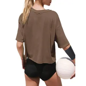 Women Half Sleeve Cropped T-Shirts Drop Shoulder Round Neck Crop Tops Casual Summer Solid Color Basic Tees Shortsleeve Womenswear