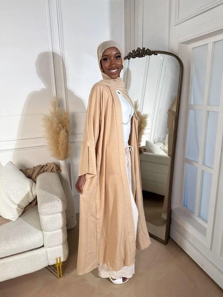 Sand Serene Linen Abaya Set - Cream Color Soft Breathable Lightweight Flowy Open Abaya with Matching Hijab & Belt for Everyday Elegance