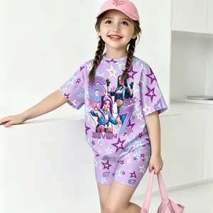Girls' K-Pop Demon Hunters Anime Print 2-Piece Short Sleeve Milk Silk Acrylic Pajama Set,Short Sleeve Heart Print Tight ShortsComfortable Versatile Set,Ultra Soft Stretchy Breathable Kids' Home Loungewear