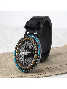 Trending Viral Top Men Belt Personality Cow Head Plate Buckle Retro Embossed Craft Fashion Waist Belt Comfortable Durable Men Belt For Daily Outfit Work Dating Statement Belt