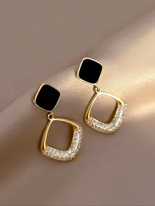 French Elegant Rhinestone Geometric Drop Earrings, Simple Luxurious Design, Perfect for Women Daily Commute Holiday Parties, Fashion Earrings