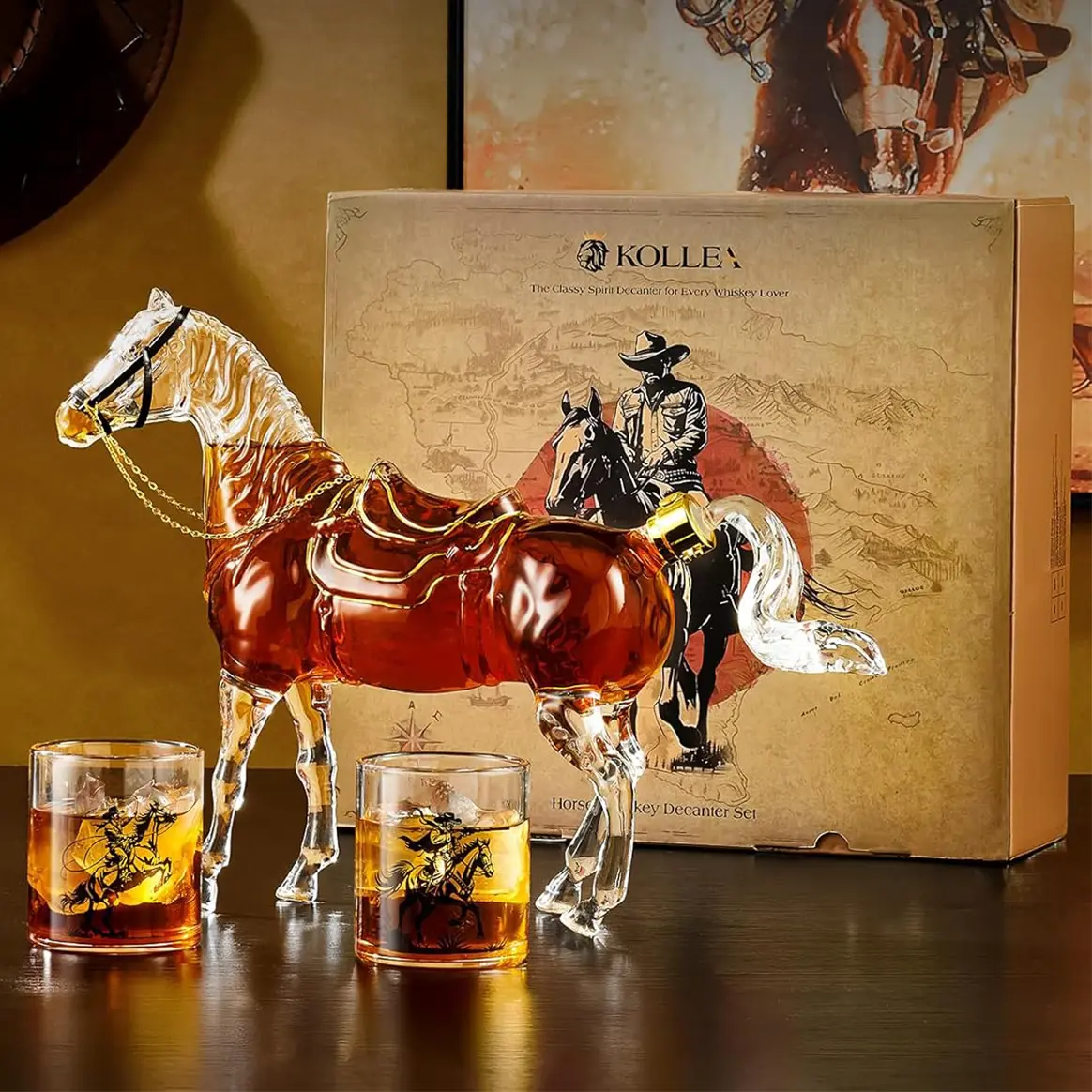 Kollea Glass Horse Shaped Whiskey Decanter Set with Luxury Gift Box,Halloween Party Decor,Bar Accessories,67oz Decanter&2 9.8oz Cowboy Bottles,Glassware for Western Cowboy Fans,Gifts for Him,Husband,Brother,Brithday&Anniversary,Empty Decanter,sohochic
