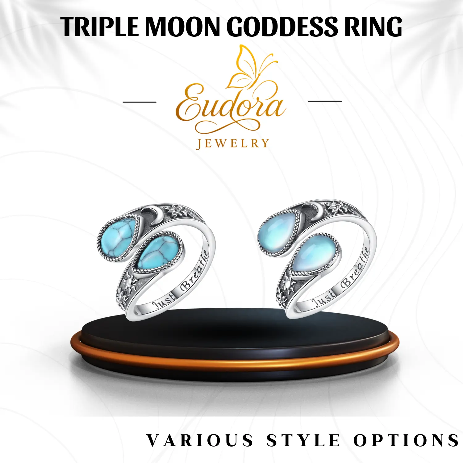 Eudora S925 Sliver Silver Sun and Moon Ring, Adjustable Statement Boho Ring with Moonstone & Turquoise, Just Breathe, Lotus Flower Spiritual Jewelry for Women