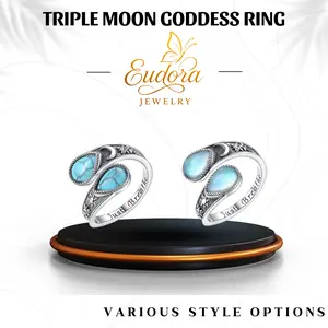 Eudora S925 Sliver Silver Sun and Moon Ring, Adjustable Statement Boho Ring with Moonstone & Turquoise, Just Breathe, Lotus Flower Spiritual Jewelry for Women