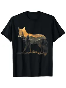 Men's Fox Forest Graphic T-Shirt - Soft Cotton Short Sleeve Tee with Artistic Wolf Silhouette & Mountain Design Black Round Neck Casual Shirt for Nature Lovers Hiking Camping Hunting Regular Fit Casual Tee Machine Washable All-Season Top