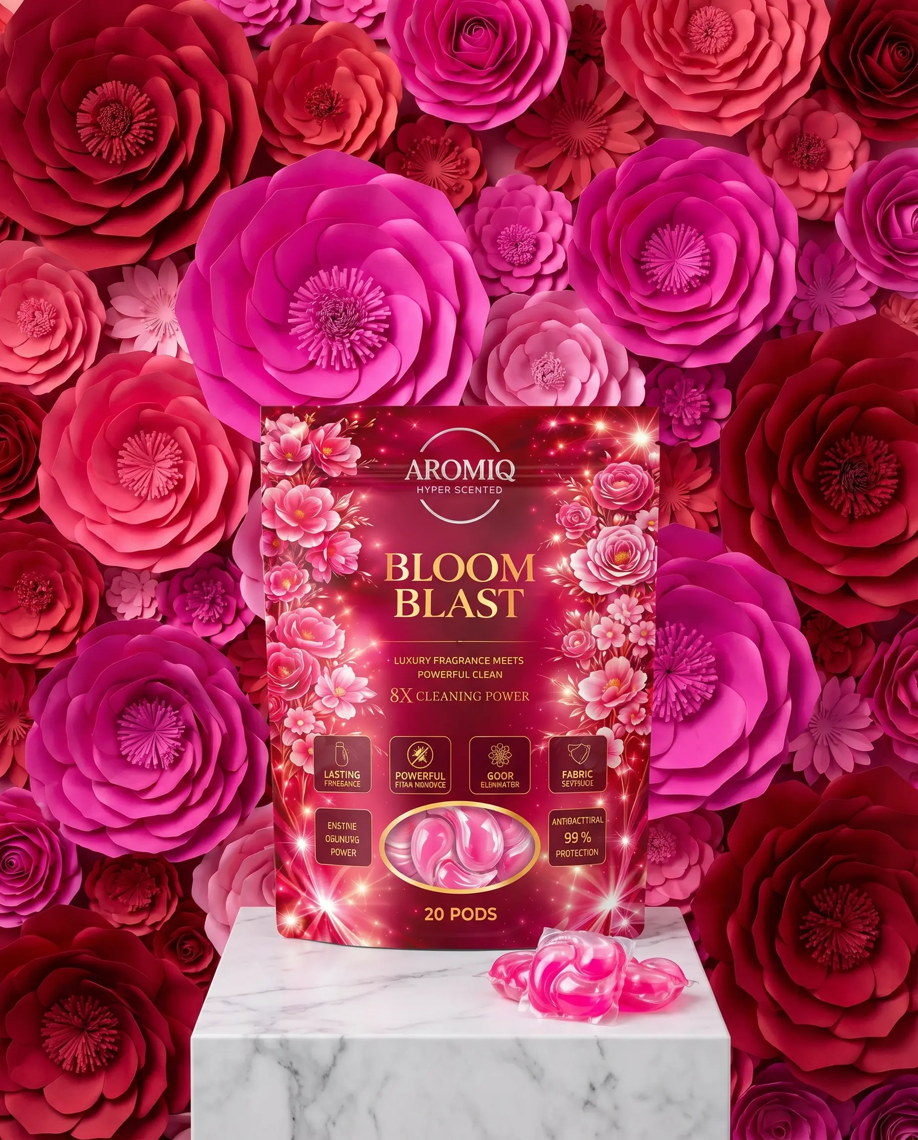 Aromiq Hyper Scented - Bloom Blast - 20 Count - Premium Laundry Pods: Ultimate Deep Clean & Luxury Fragrance Boost, 8x Concentrated Formula for Tough Odor & Stain Removal, High-End Designer Scent Laundry Pods