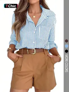 Women's Fashion Striped Long Sleeve Fitted Casual Shirt, All Seasons Wear, Daily Stylish Clothing, Comfortable and Versatile