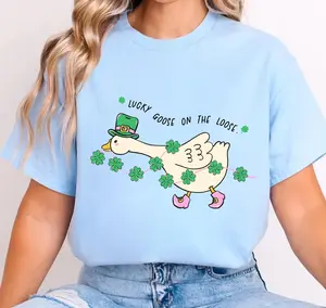 Lucky Goose On The Loose T Shirt Funny St Patrick’s Day Goose Shamrock Graphic Tee Irish Holiday Unisex Cotton Casual Top